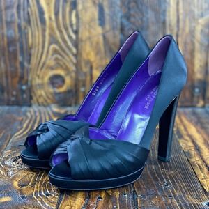 Sergio‎ Rossi Black Satin Knotted Peep Toe Platform Pumps Heels Size 38 / US 8